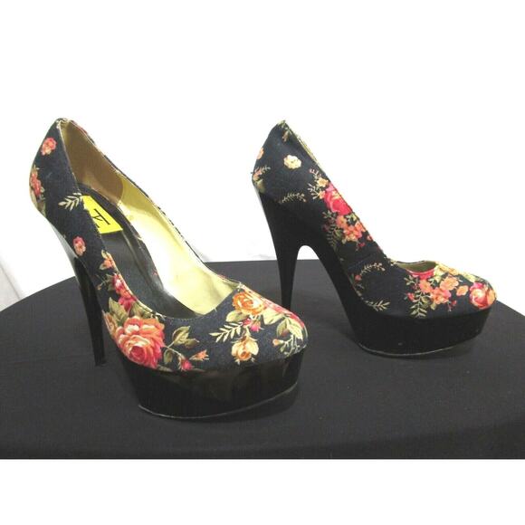 FRH Black Canvas Floral Pattern Platform Pumps Stiletto Heels Shoes Women Sz 8 - Picture 3 of 9